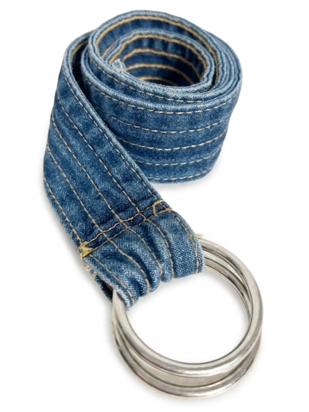 Unbranded Blue Denim D-Ring Belt Casual Jean Style Double Silver Ring Adjustable
